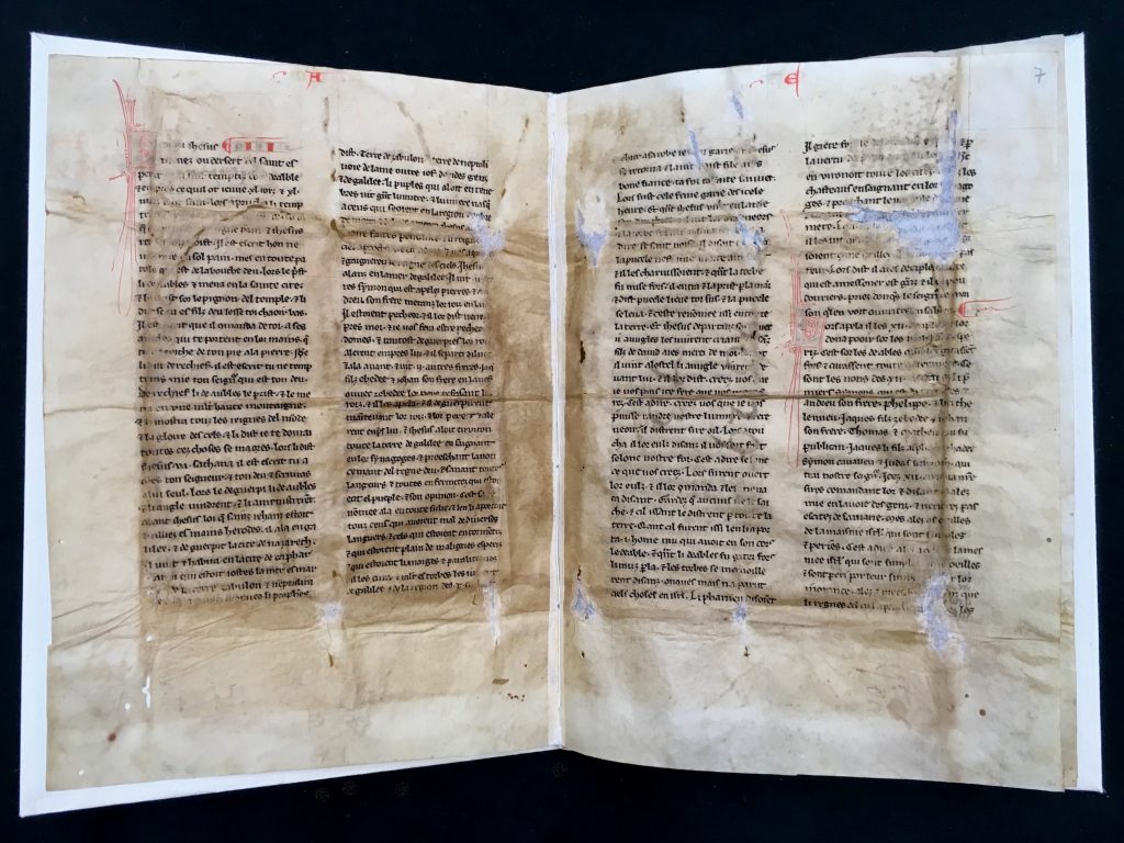 Image in which of the ghost of another book is almost visible in MS D40, folios 1v-2r. Bible Fragment, northern France (?), second half of thirteenth century (?). Call # MS D40.