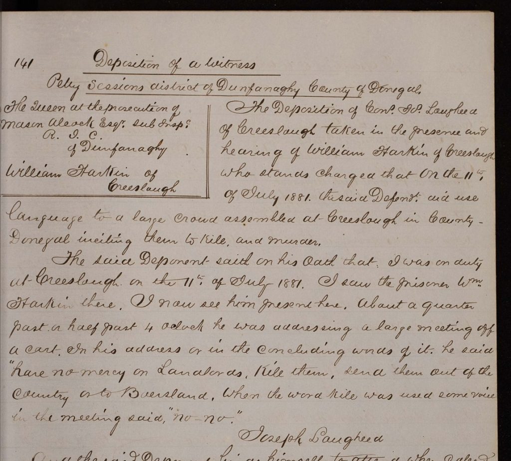 Image of a detail from Constable Joseph Laugheed's deposition regarding William Harkin (Item 141) in the Dunfanaghy Petty Sessions copy book (MS E109)