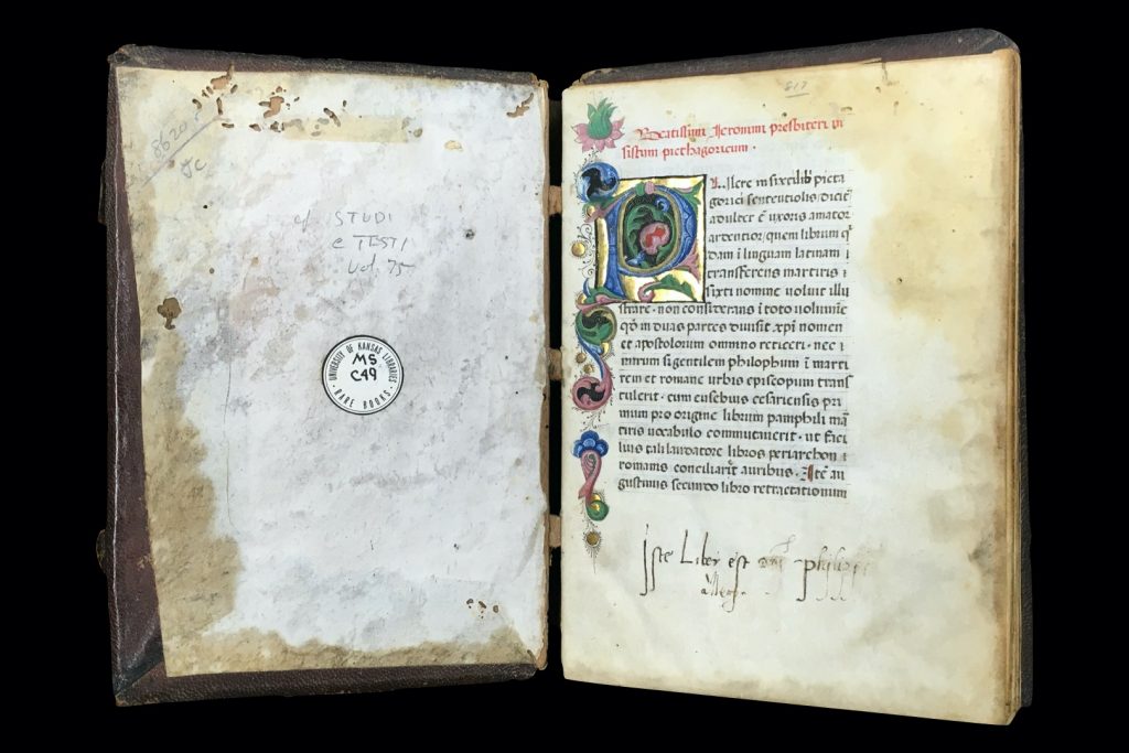 Image of the opening of the manuscript and the unidentified ownership inscription on folio 1r of Sextus Pythagoreus, Sententiae translated by Rufinus of Aquileia, and Laurentius Pisanus, Enchiridion. Italy (?), third quarter of the fifteenth century (?). Call # MS C49.