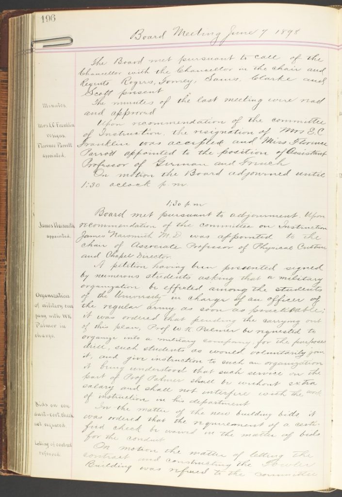 Photograph of the Kansas Board of Regents meeting minutes, June 7, 1898