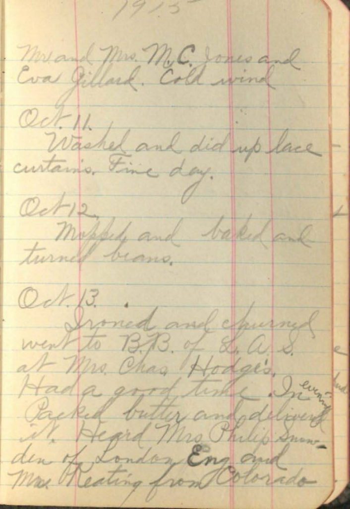 Photograph of Lillian North's diary entry from October 13, 1915.