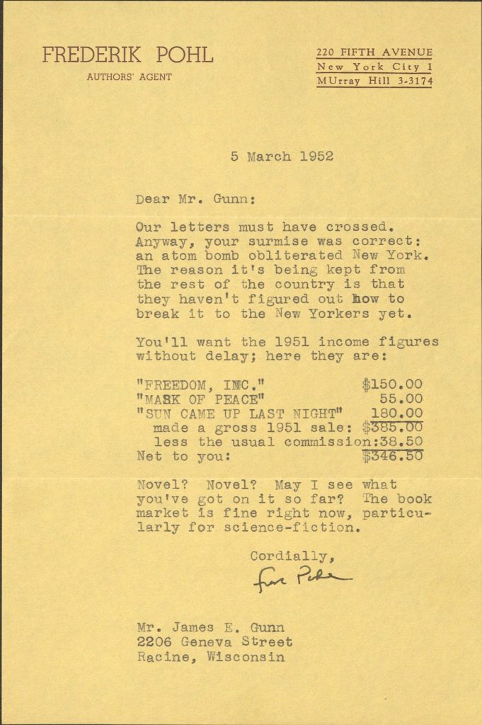 Photograph of letter from Frederik Pohl to James Gunn, reporting on Gunn's early story sales, 5 March 1952