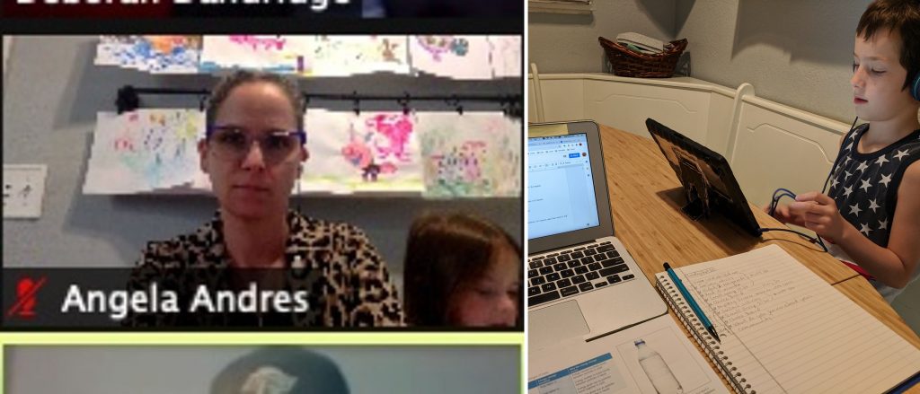 A split-screen image showing a screenshot of a Zoom call on the left, with a small child visible in the window next to the author, and a kitchen table at the right, with a school-age child working on an iPad next to the author's laptop and notebook.