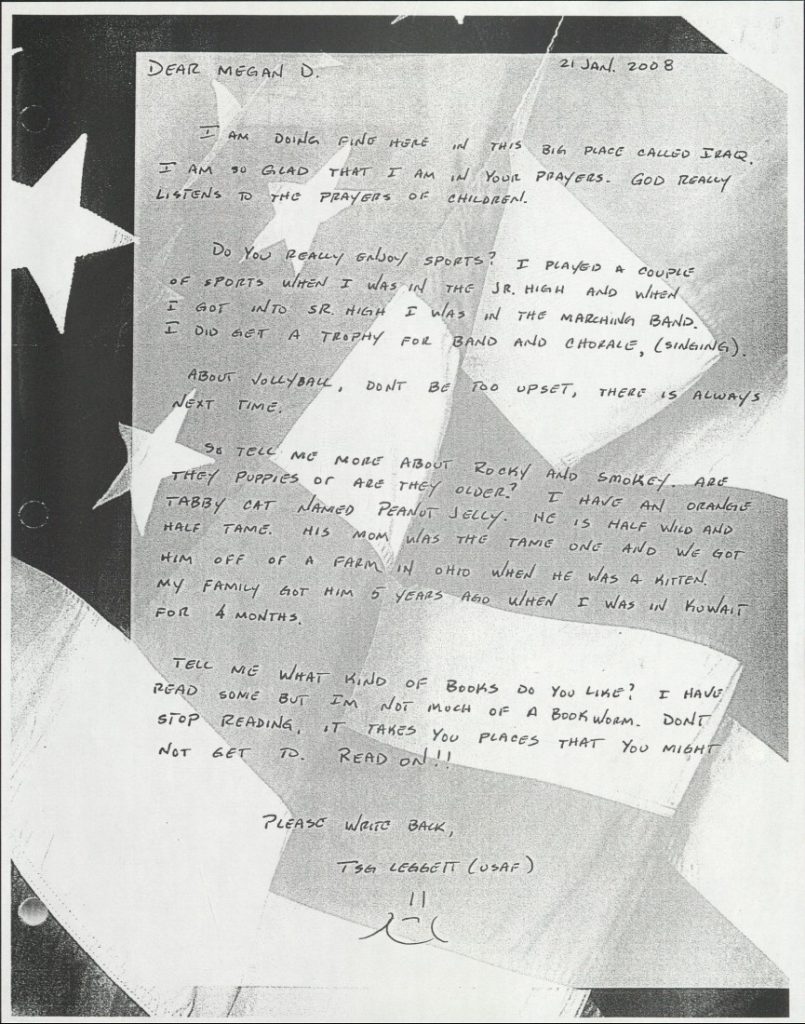 Black-and-white scan of a handwritten letter. The paper's background is an American flag.