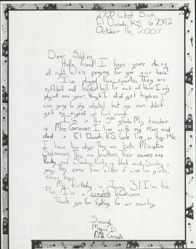 Black-and-white scan of a handwritten letter. The border of the paper has pencils and schoolhouses.