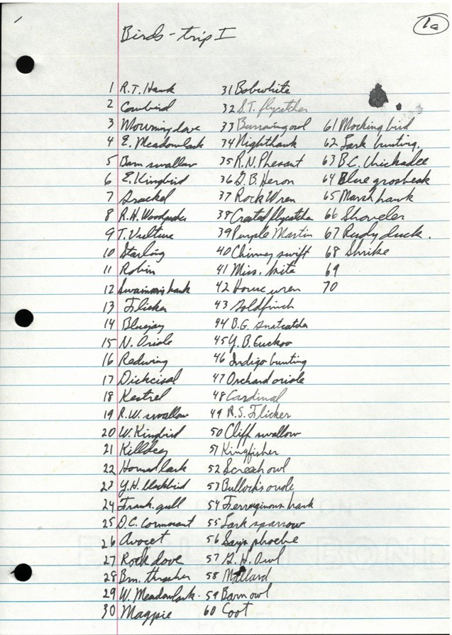 Page of white lined notebook paper with the names of sixty-eight birds listed, written in black ink and three columns.
