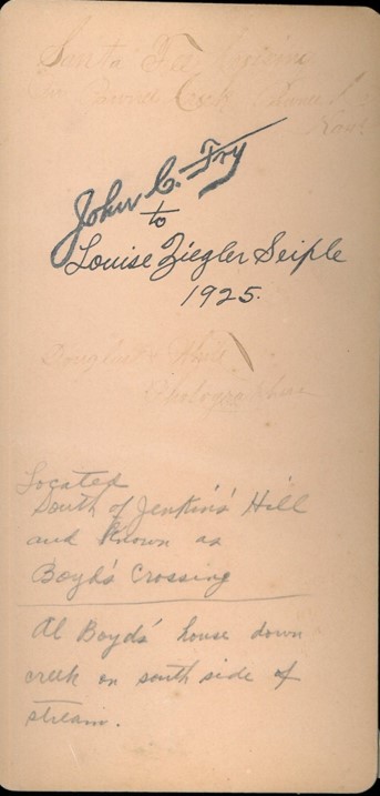 Handwritten text reads "John C. Fry to Louise Ziegler Seiple, 1925" and "Located South of Jenkins' Hill and known as Boyd's Crossing; Al Boyd's house down creek on south side of stream."