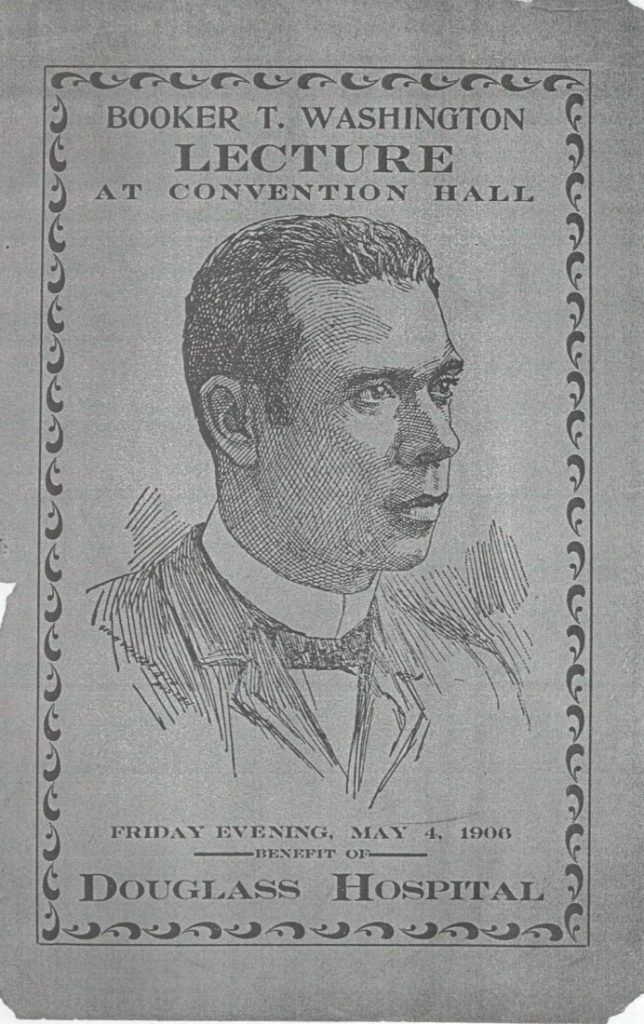 Black-and-white pamphlet cover with a sketch of Booker T. Washington, a decorative border, and details (where, when, etc.) about the event.