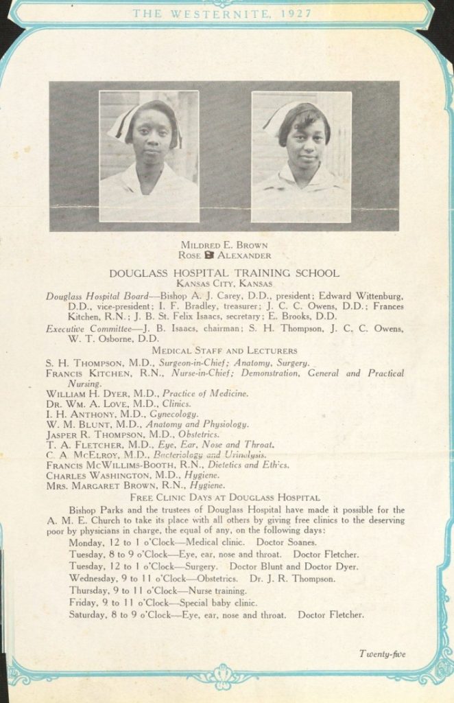 A page cut from a book with a decorative blue border, two black-and-white headshot photographs at the top, and information about the training school.