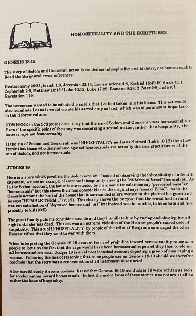 Black text on white paper. The document examines Bible verses Genesis 18-19 and Judges 19, arguing that they "were not written as tools for condemnation toward homosexuals."