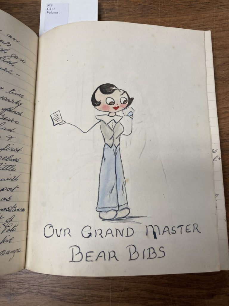 Hand-drawn sketch of a woman with the caption "Our Grand Master Bear Bibs."