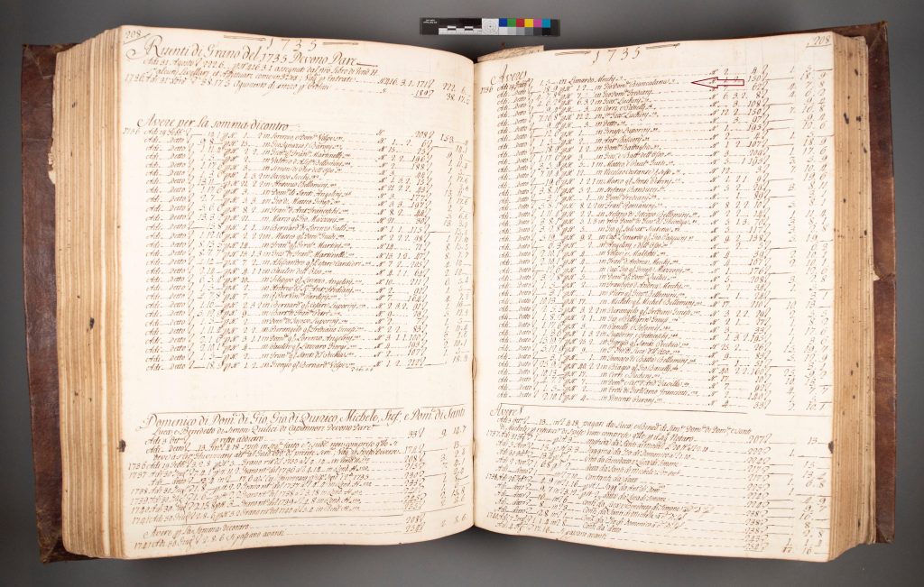 Large ledger open to columns of accounting notations.