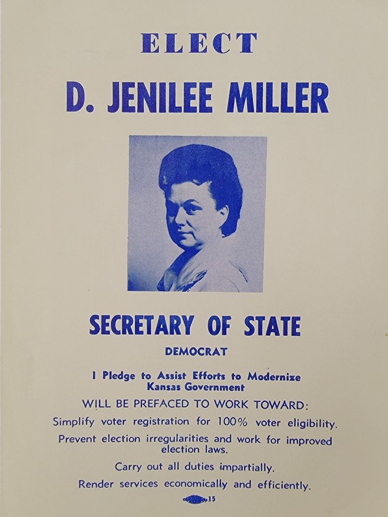 Blue text on white paper. "Elect D. Jenilee Miller" with small photo and pledge/issue information.