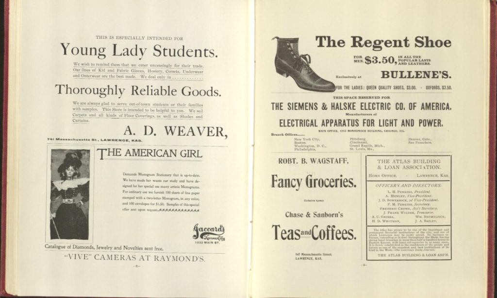 Two-page spread of black and white advertisements, mostly textual with two images.