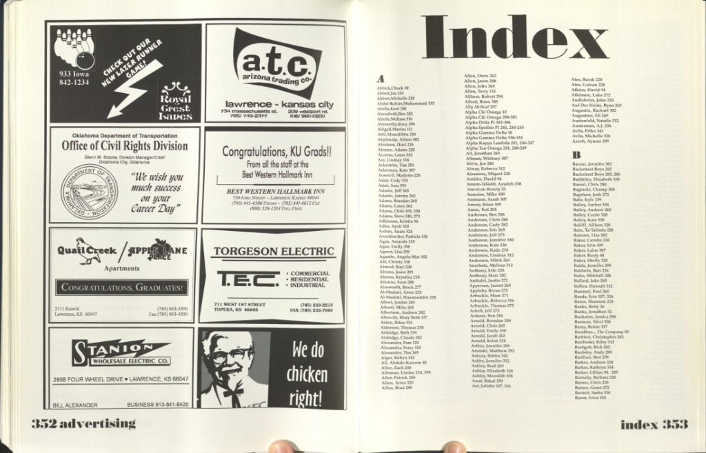 Two-page spread with a grid of advertisements on the left and the beginning of an index on the right.