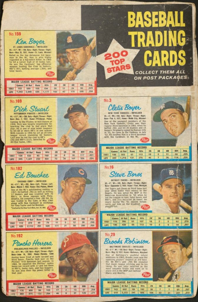 Seven baseball cards in two columns: Ken Boyer, Dick Stuart, Ed Bouchee, Pancho Herrera, Cletis Boyer, Steve Boros, and Brooks Robinson.
