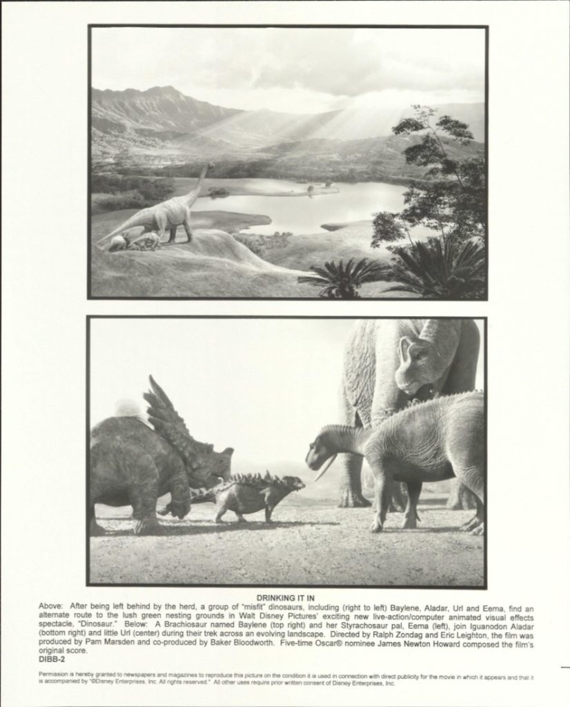 Two black-and-white photographs. Above, four dinosaurs on an overlook above a mountain valley. Below, four dinosaurs interacting with each other.