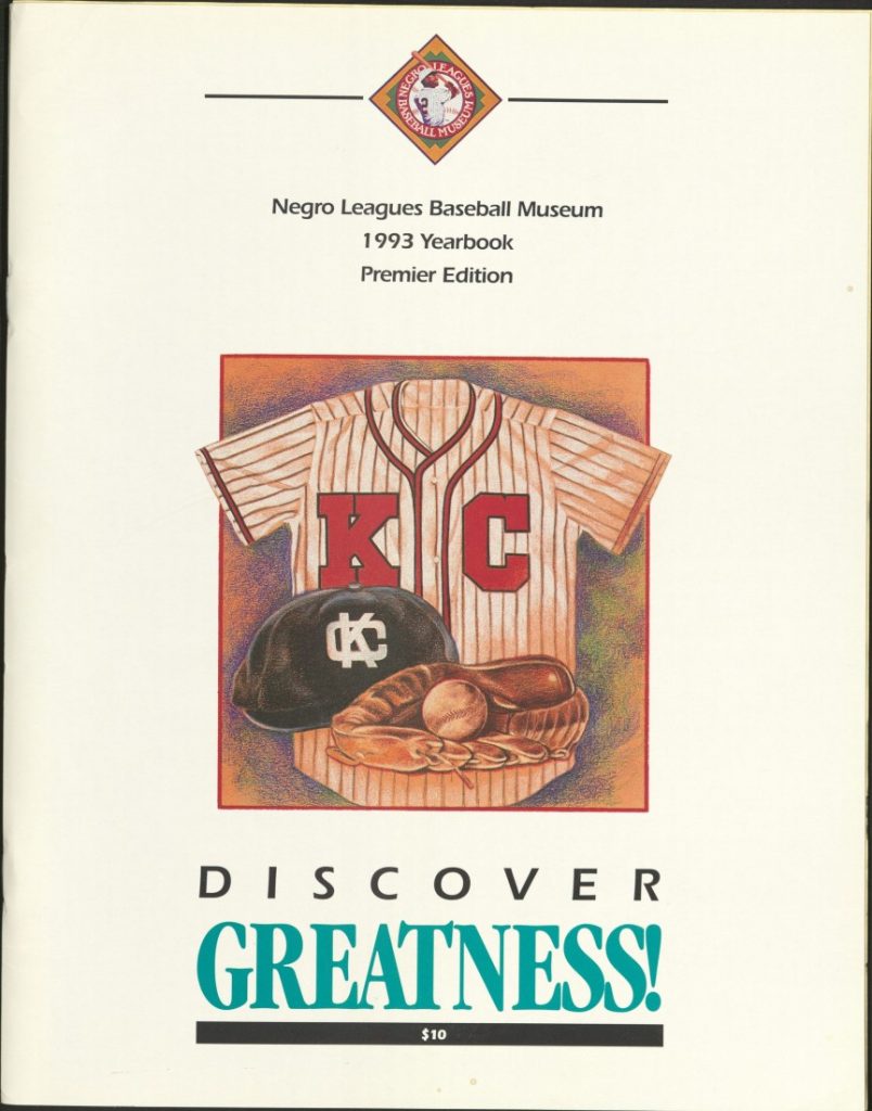 Central color sketch with a Kansas City Monarchs jersey, hat, and glove. Text includes the title and "Discover Greatness!"
