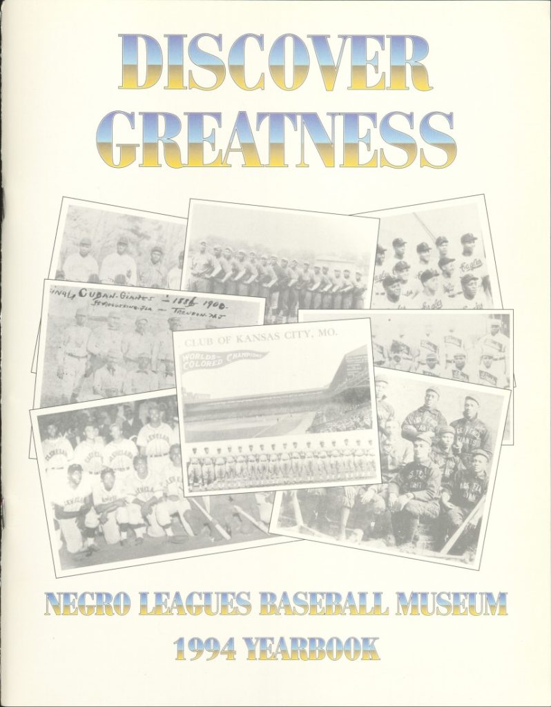Collage of black-and-white postcards of Negro Leagues teams against a cream background. Text includes the title and "Discover Greatness."
