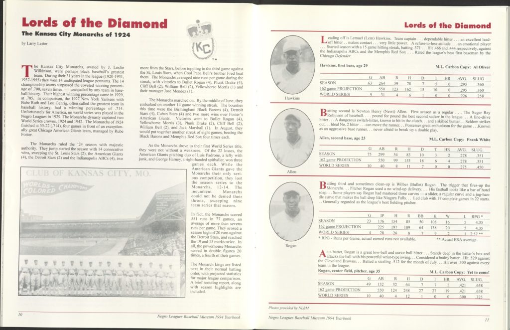 Two-page spread of narrative text (left) and statistics on three Monarchs players (right).