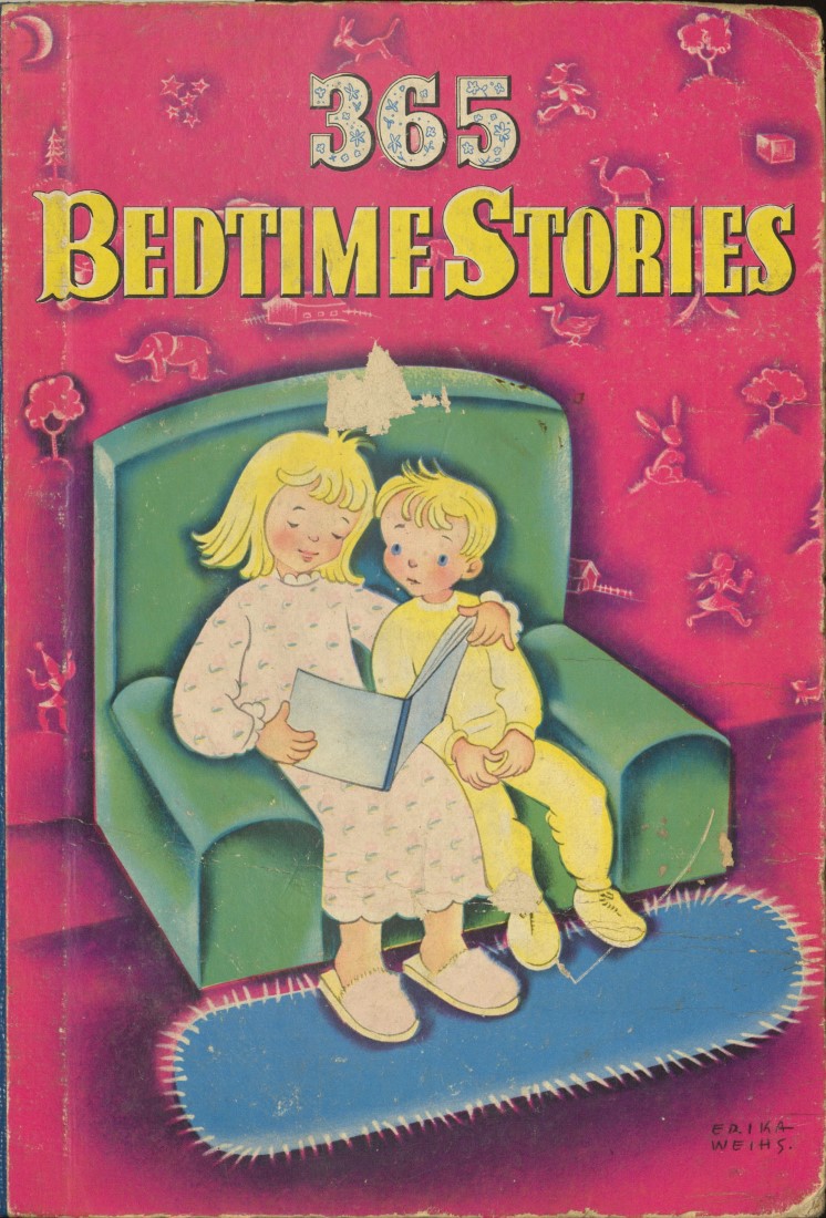 Book title against a bright pink background with a sketch of two children sitting in a chair reading a book.