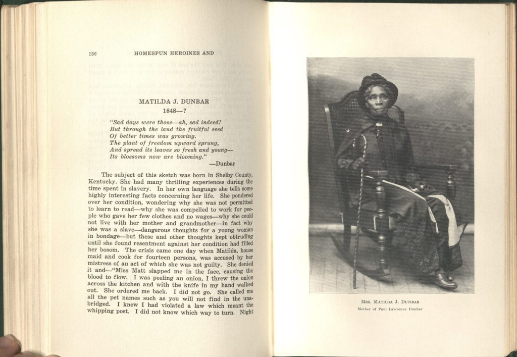 The first part of a biography of Matilda J. Dunbar, accompanied by a black-and-white photo of her sitting in a rocking chair holding a cane.
