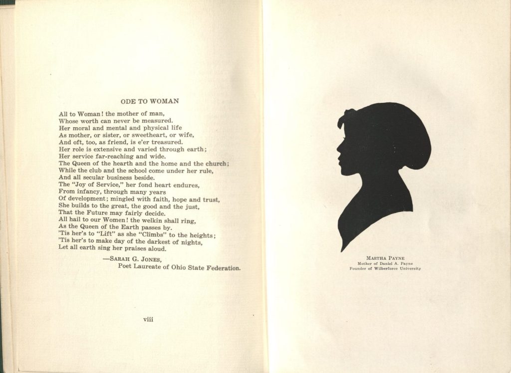 The poem "Ode to Woman" by Sarah G. Jones, accompanied by a silhouette of Martha Payne.