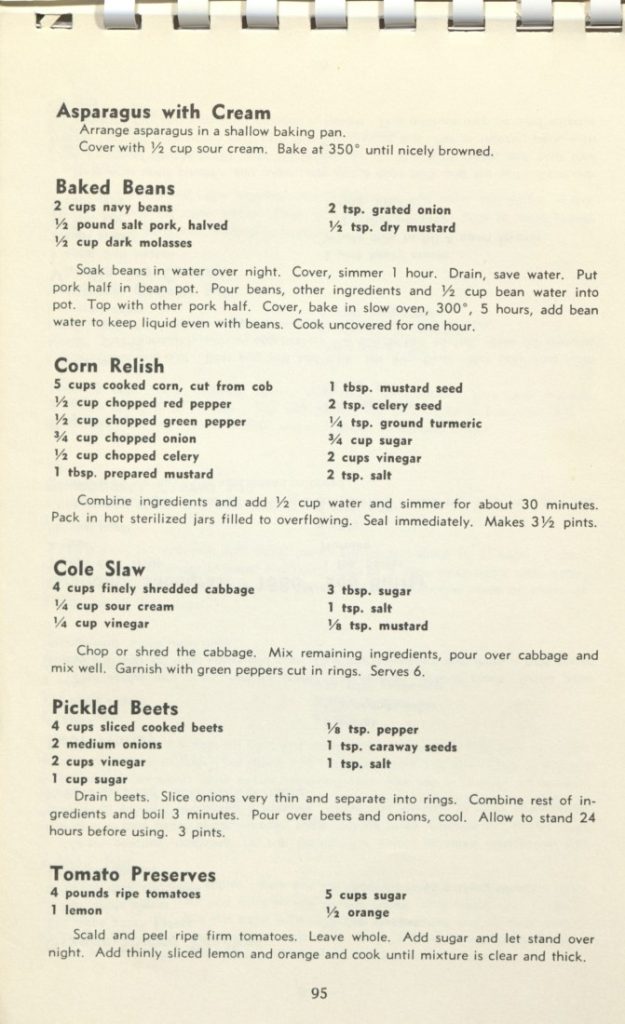 Recipes for asparagus with cream, baked beans, corn relish, cole slaw, pickled beets, and tomato preserves. Black text on cream page; no illustrations.