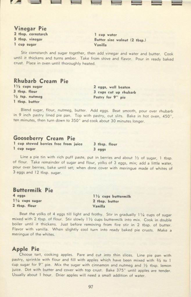 Recipes for vinegar pie, rhubarb cream pie, gooseberry cream pie, buttermilk pie, and apple pie. Black text on cream page; no illustrations.