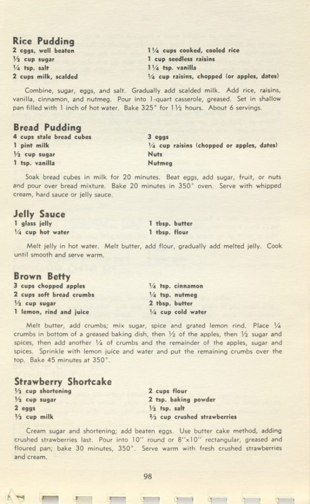 Recipes for rice pudding, bread pudding, jelly sauce, Brown Betty, and strawberry shortcake. Black text on cream page; no illustrations.
