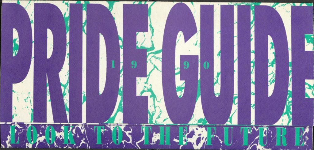 Horizontal document with the title "Pride Guide 1990: Look to the Future." Wording and background in purple and green.