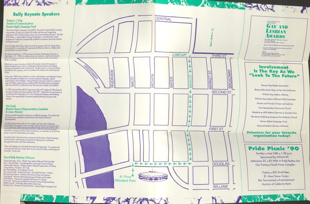Fold-out map with lists of keynote speakers and local LGBT organizations, plus advertisements for a Pride Picnic and Gay and Lesbian Awards.