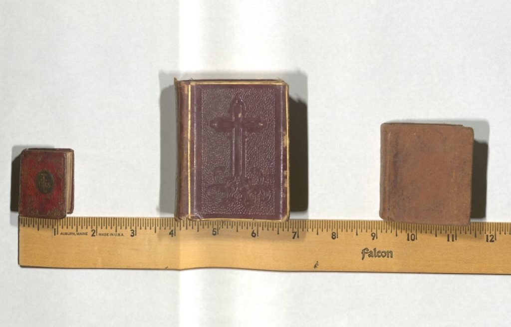 three miniature Bibles in a horizontal row above a ruler.