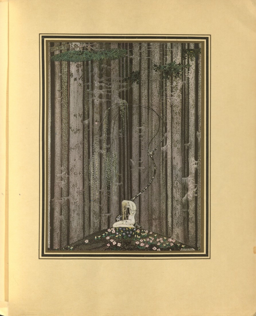 Color illustration of a woman with her head in her hands, kneeling in a field of flowers and surrounded by the trunks of tall trees.