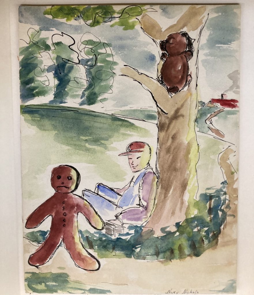 Watercolor illustration of a boy sitting under a tree with a gingerbread man.