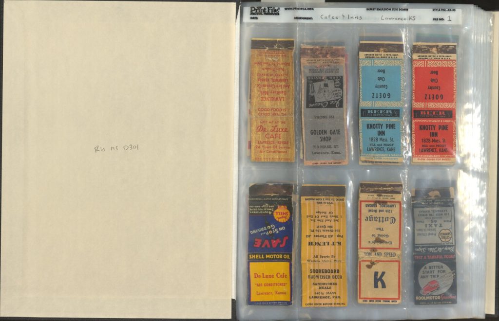 Eight colorful matchbooks from Lawrence cafes and inns, arranged vertically in two rows.