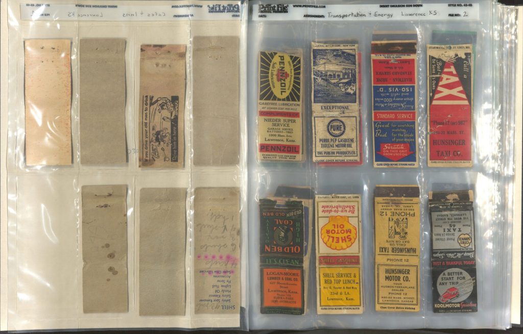 Eight colorful matchbooks from Lawrence drugstores and ice cream shops, arranged vertically in two rows.