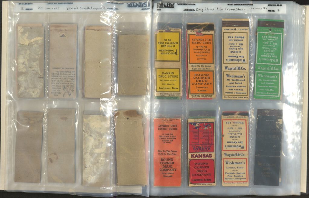 Eight colorful matchbooks arranged vertically in two rows.
