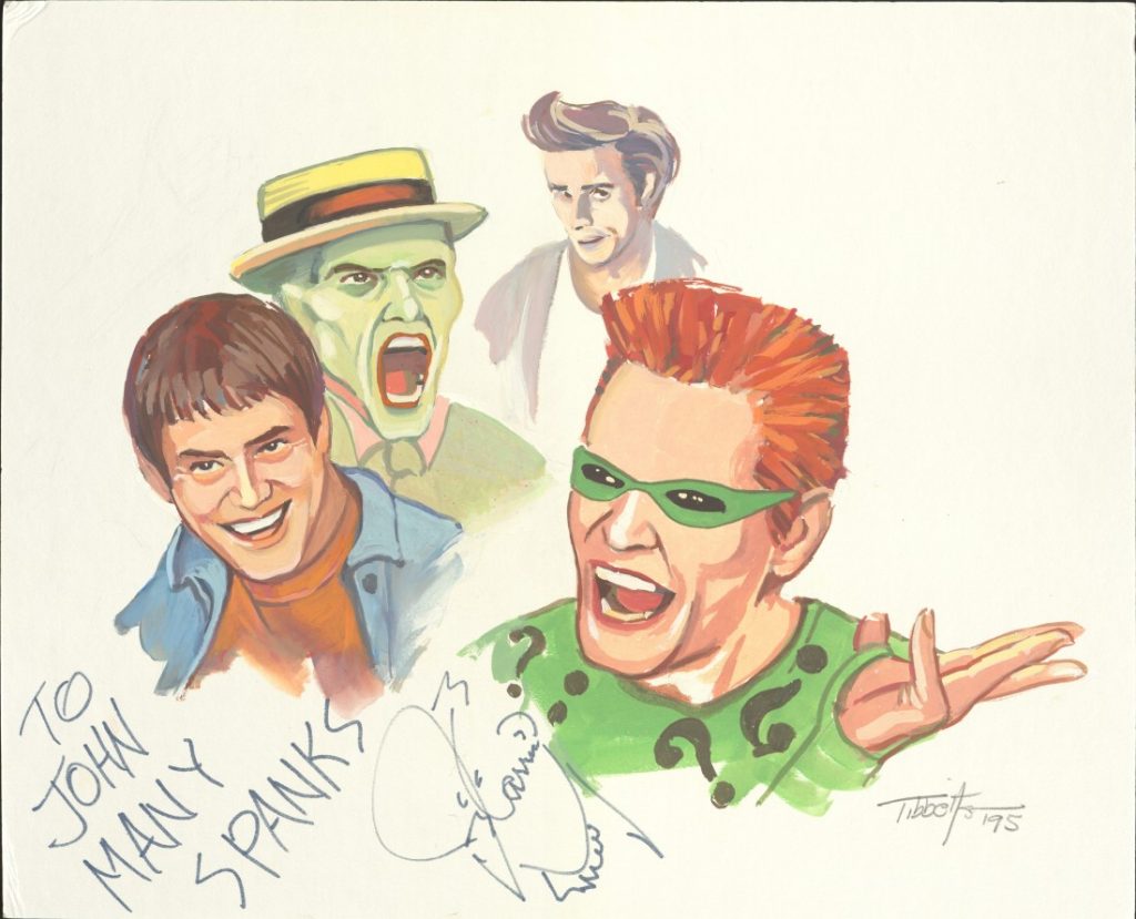 Color headshot drawings of Jim Carrey as his characters in The Mask, Ace Ventura: Pet Detective, Batman Forever, and Dumb and Dumber.