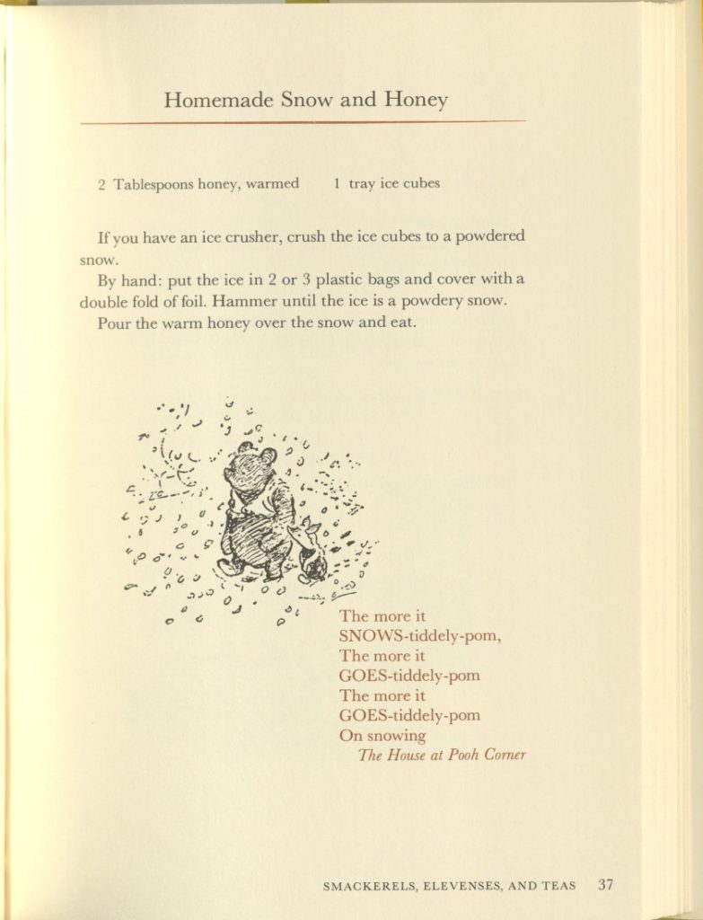 This page contains the recipe, a black-and-white sketch of Winnie-the-Pooh and Piglet, and a quotation about snow from The House at Pooh Corner.