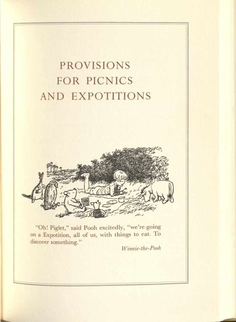 This page includes the name of the section, a quotation from the book Winnie-the-Pooh, and a black-and-white sketch of the characters on a picnic.