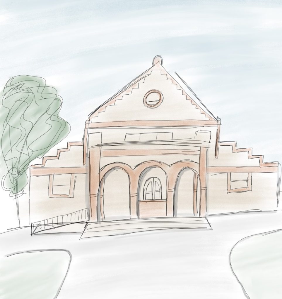 Colored sketch of the front of Spooner Hall.