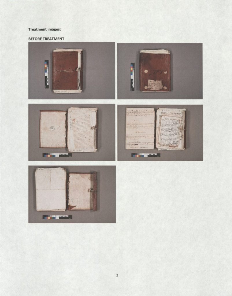 An arrangement of five photographs showing the recipes and leather wrapper from different angles.