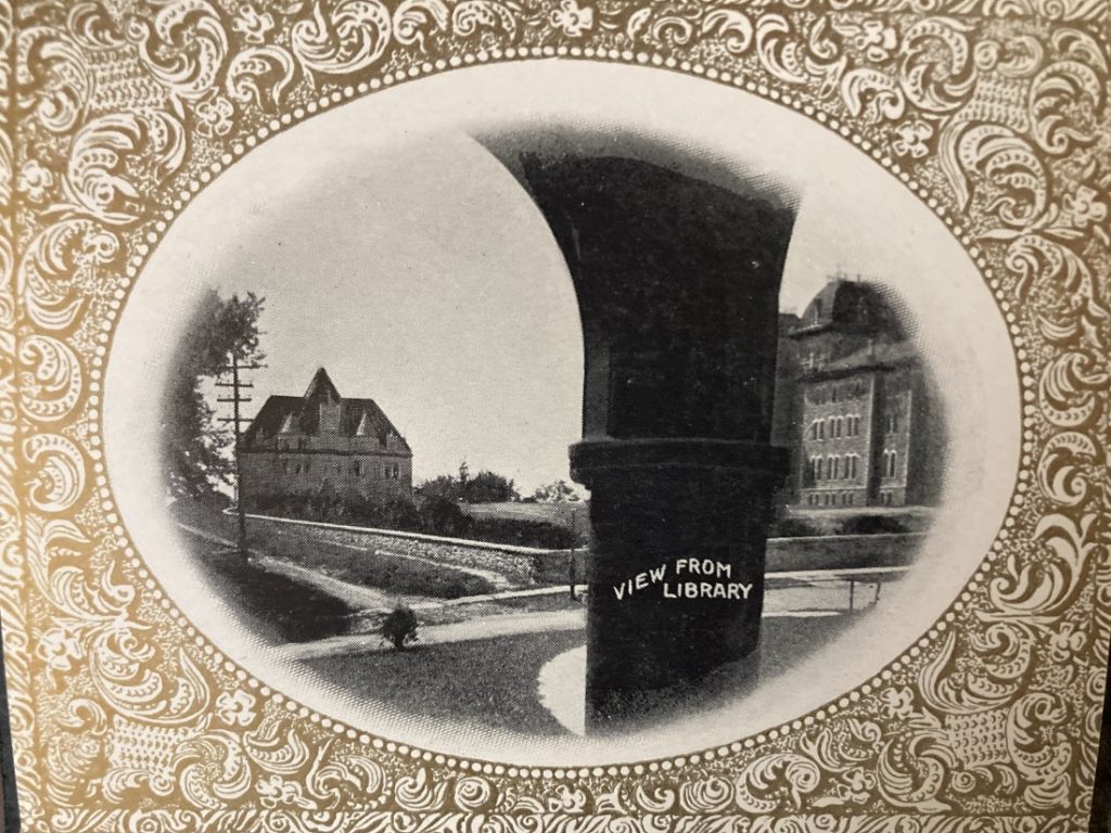 Black-and-white oval photograph of Old Blake and Old Fraser halls.