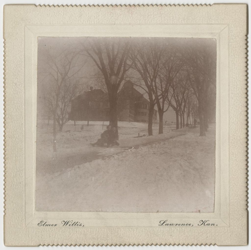 Black-and-white photograph of children sledding down a tree-lined sidewalk behind two buildings.