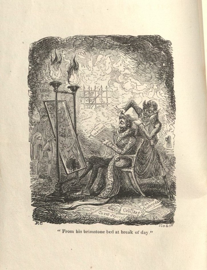 Black-and-white sketch of a demon cutting the devil's hair while he reads the newspaper in front of a mirror.