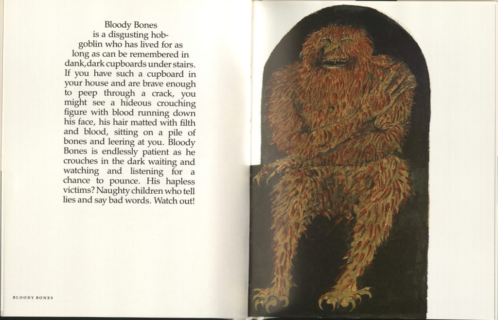 This image has text. Illustration of a large monster with a pointed nose and sharp teeth, covered in red fur or hair.