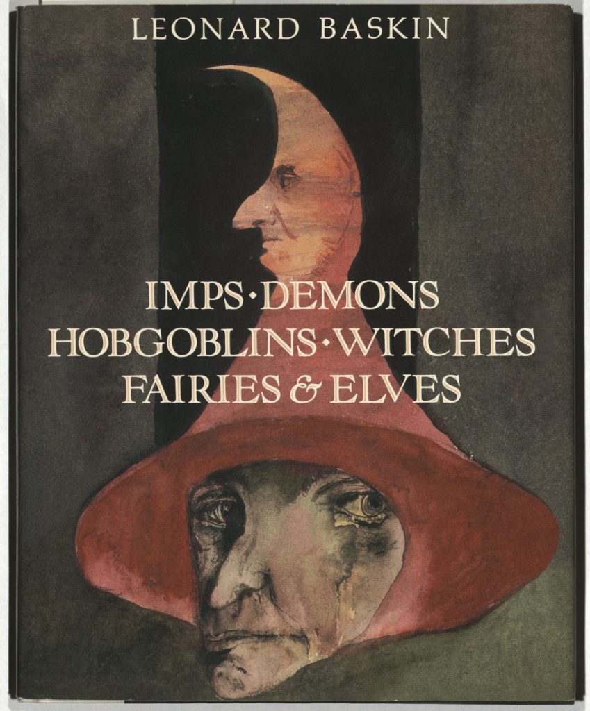 Title and author's name in white text against a dark gray and black background. There is also a watercolor headshot of witch with a red hat, the top of which is a half moon with a face.