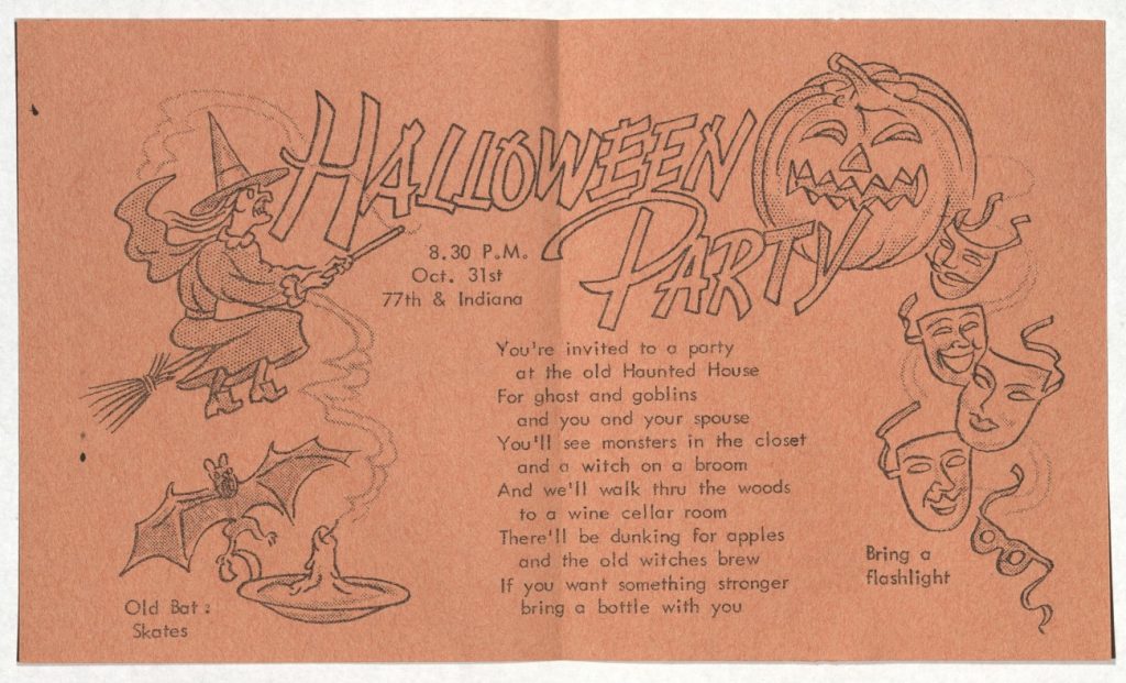 Folded orange paper with black-and-white illustrations of masks and a witch, jack-o'-lantern, bat, and candle, with the words "Halloween Party" with a poem and logistical information.