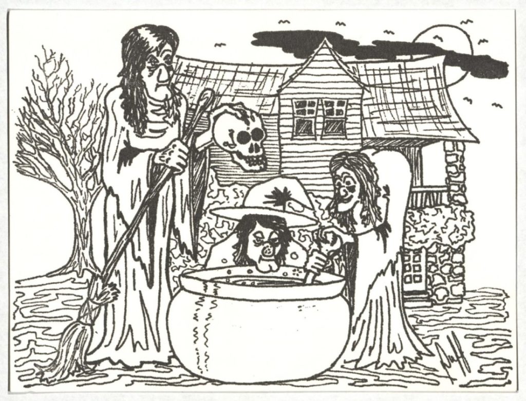 Black-and-white sketch of three witches with a cauldron, standing in front of a house.
